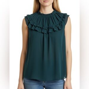 Sleeveless Ruffle Mock Neck Top • Deep Teal Chiffon Style • Size S